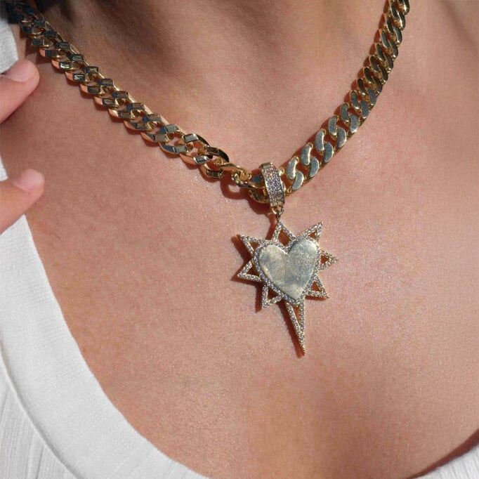 14 Ayar Beyaz Taşlı Detaylı Kalpli Yıldız Altın Kolye Ucu (Ajda Charm)