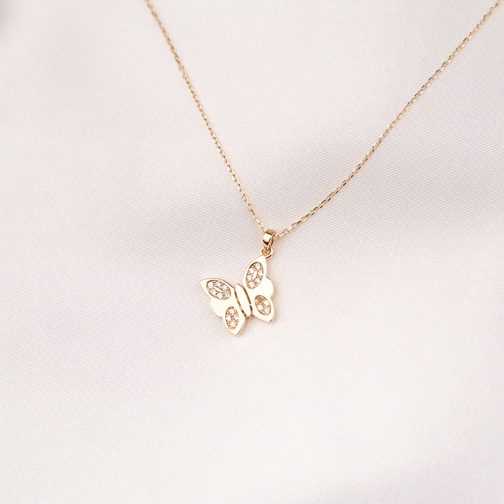 14 Ayar Kelebek Model Taşlı Altın Kolye