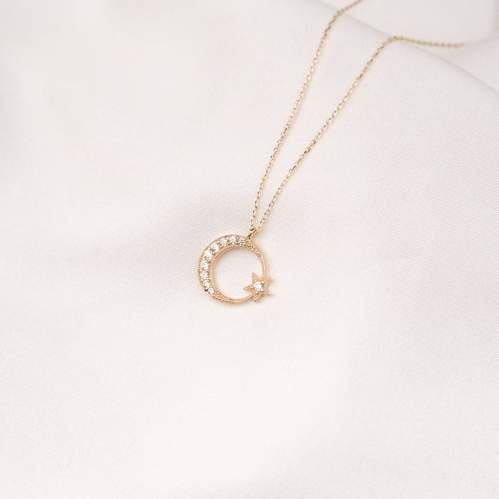 14 Ayar Ay Yıldız Taşlı Gold Altın Kolye