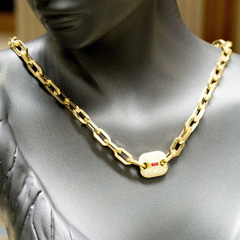 14 Ayar Taşlı Kırmızı Detaylı Altın Gerdanlık