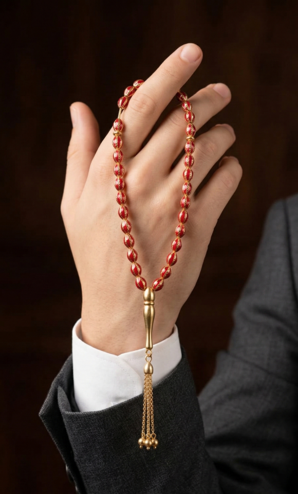 14 Ayar Kırmızı Mine İşlemeli Özel Tasarım Tesbih