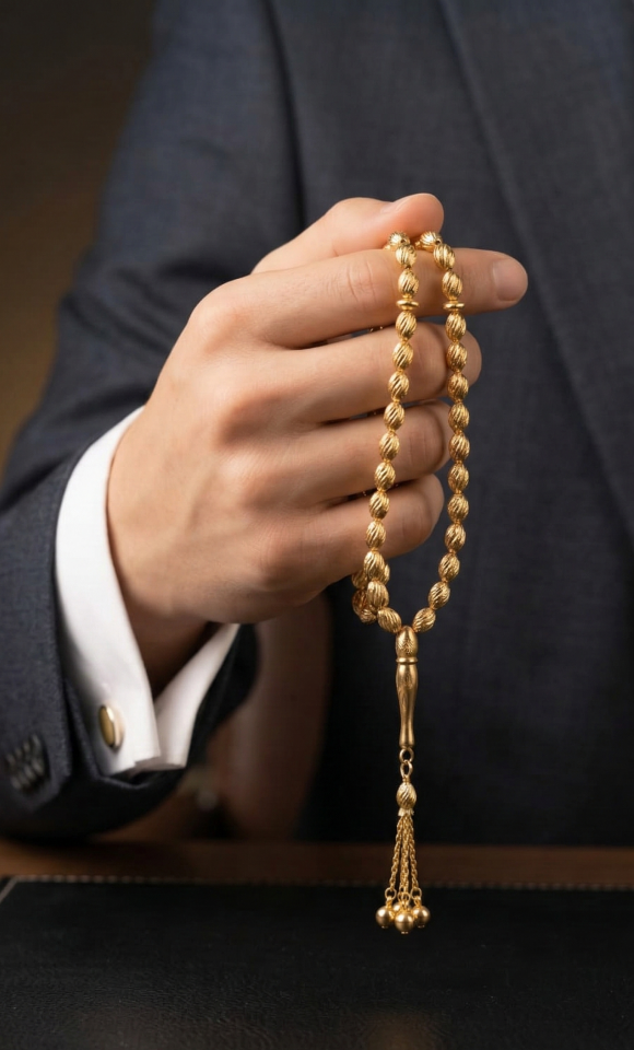 14 Ayar Altın Arpa Model Kalem İşlemeli Tesbih