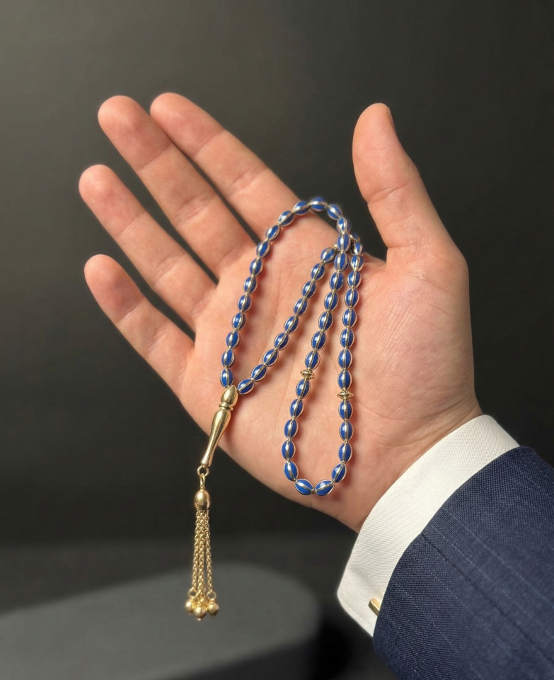 14 Ayar Lapis Mavisi Mine İşlemeli Altın Tesbih