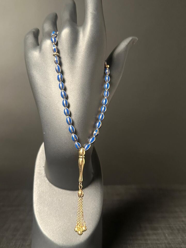 14 Ayar Lapis Mavisi Mine İşlemeli Altın Tesbih