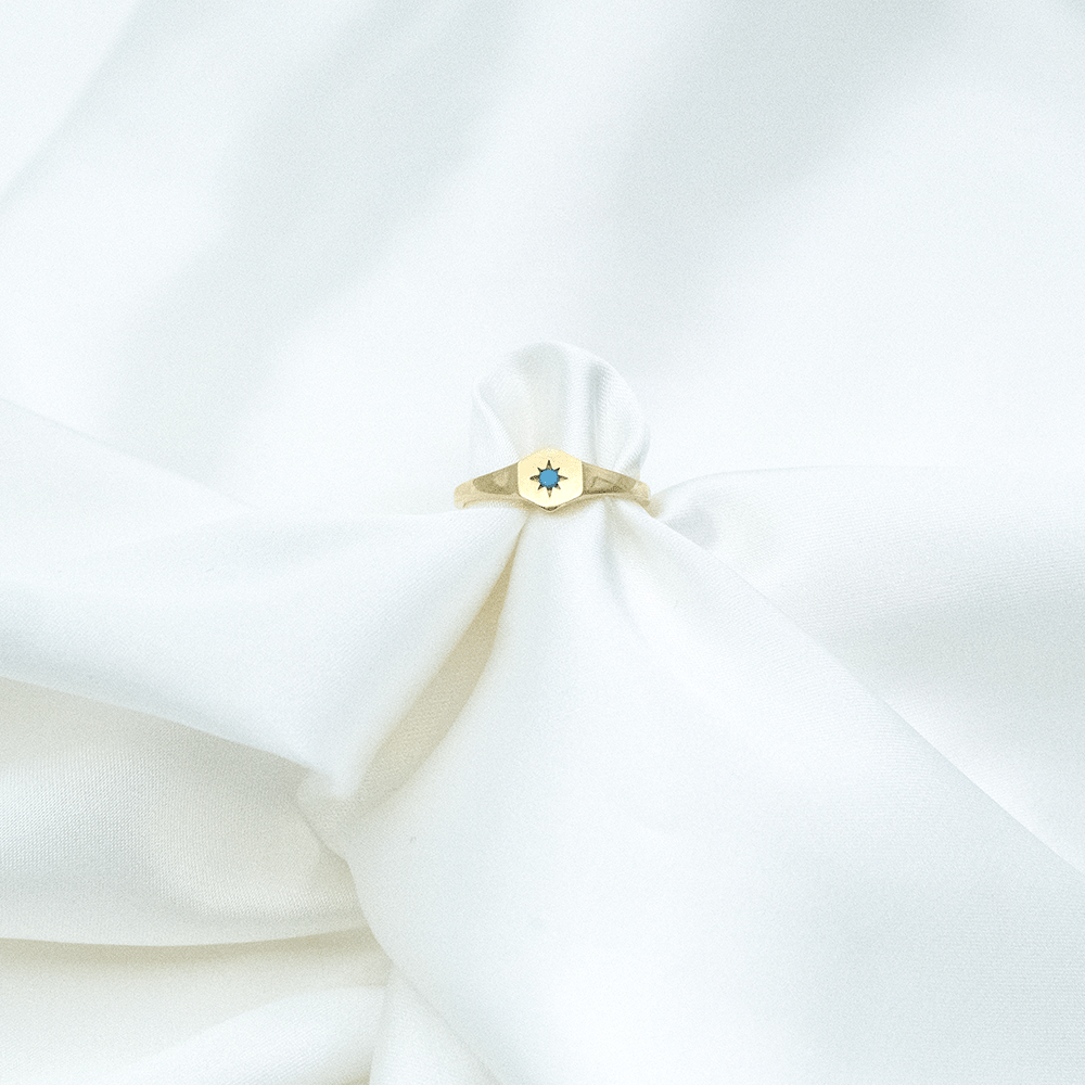 14 Ayar Yıldızlı Mavi Renk Detaylı Altın Yüzük