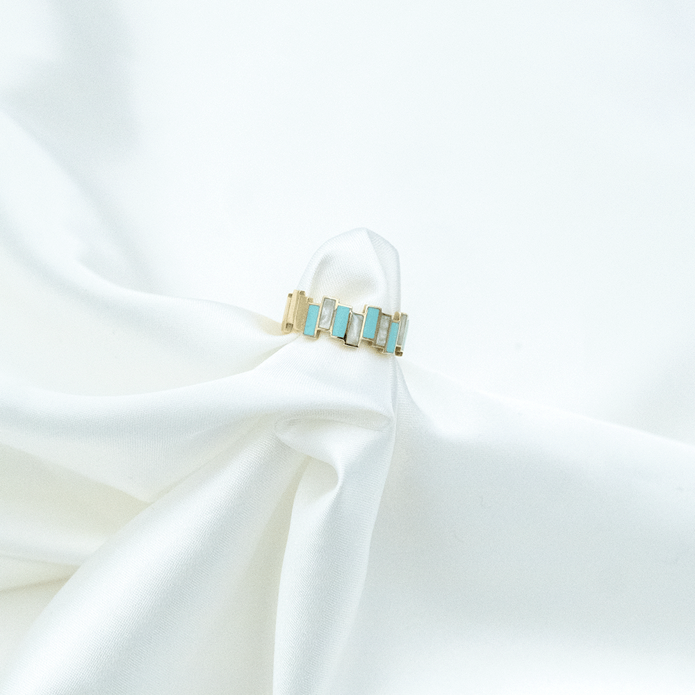 14 Ayar Mavi Kareli Altın Yüzük