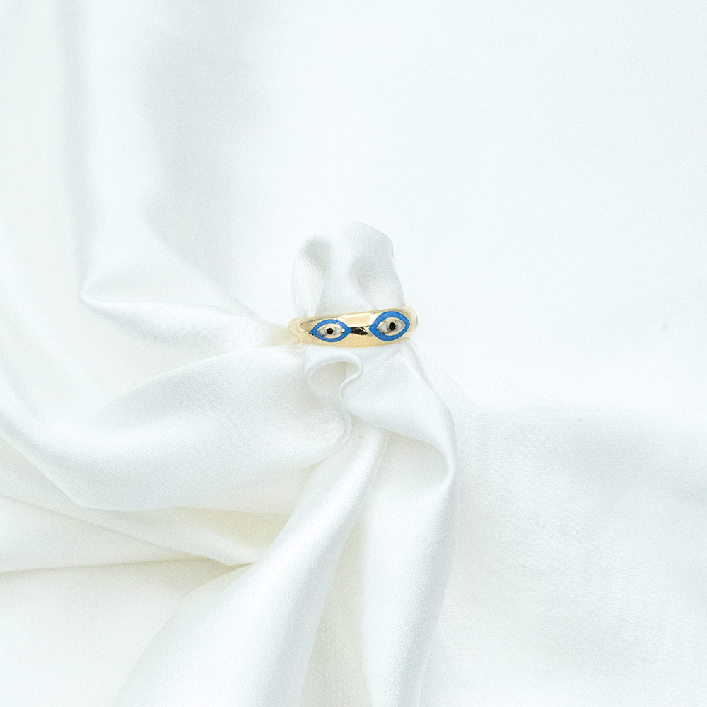 14 Ayar Mavi Renkli Desenli Altın Yüzük