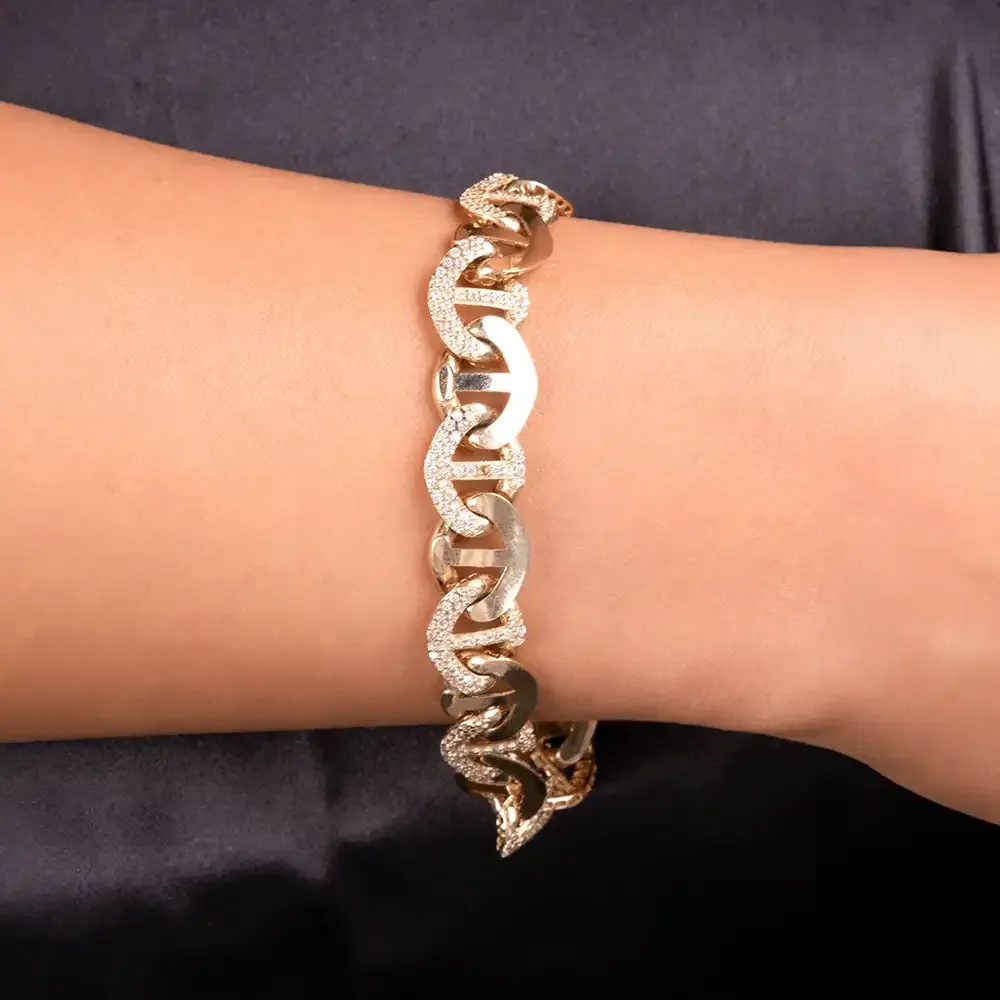 14 Ayar Beyaz Taşlı Çapa Simgeli Altın Bileklik