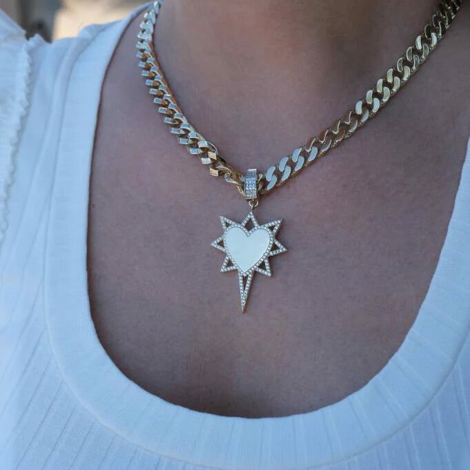 14 Ayar Beyaz Taşlı Detaylı Kalpli Yıldız Altın Kolye Ucu (Ajda Charm)