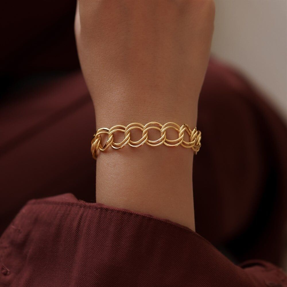 22 Ayar İnce İki Halkalı Biri Çizgili Biri Düz Samanyolu Altın Bileklik