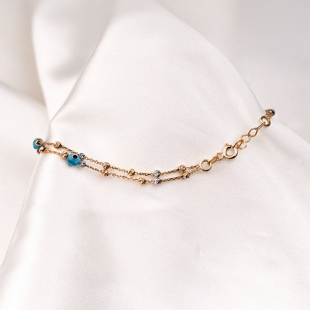 14 Ayar Renkli Dorika Toplu Mavili Detaylı Altın Bileklik