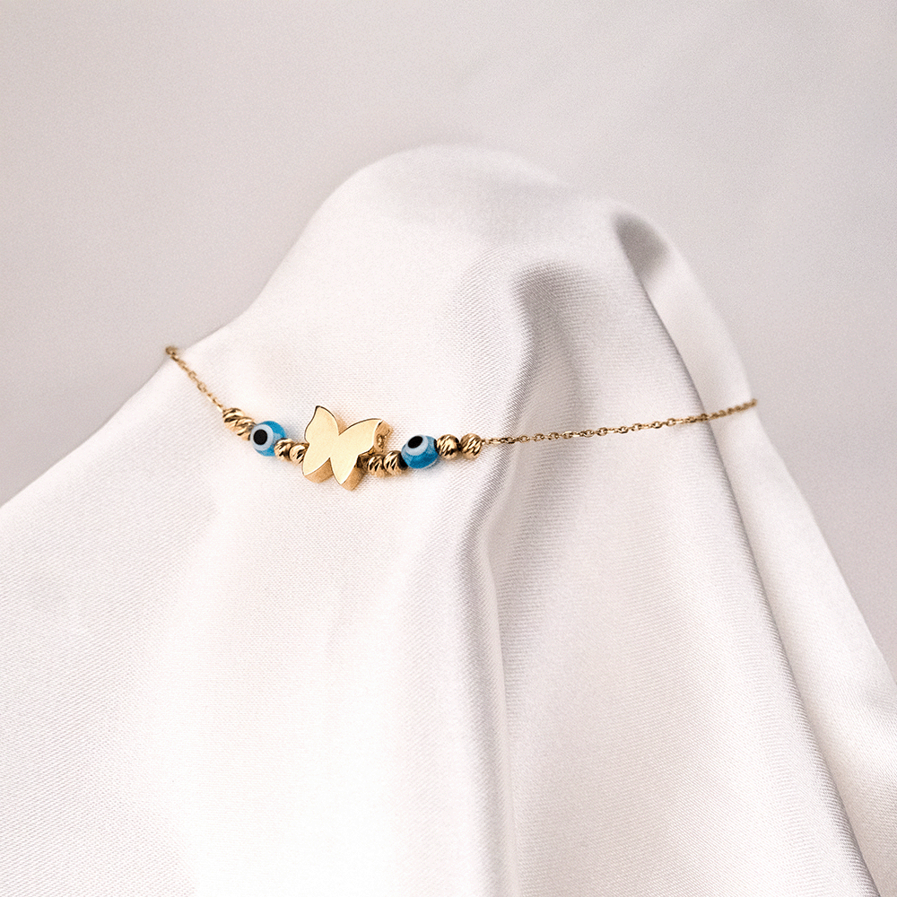 14 Ayar Kelebek ve Nazar Boncuklu Altın Bileklik