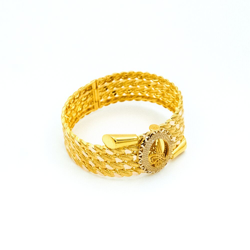 14 Ayar Parıltılı Detaylı Tuğralı Kelepçe Altın Bileklik