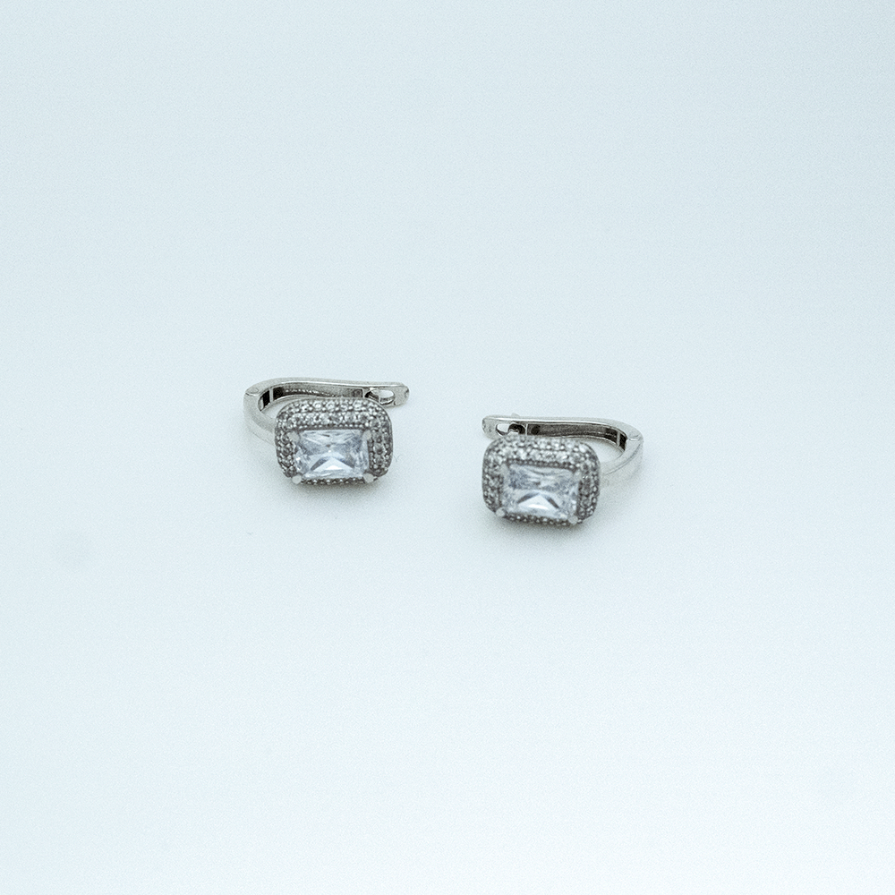 14 Ayar Taşlı Çift Sıra Beyaz Altın Küpe