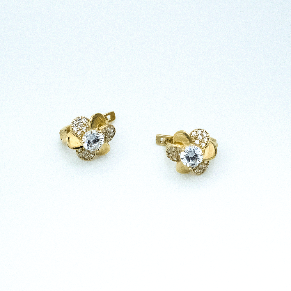 14 Ayar Yuvarlak Taşlı Çiçek Altın Küpe