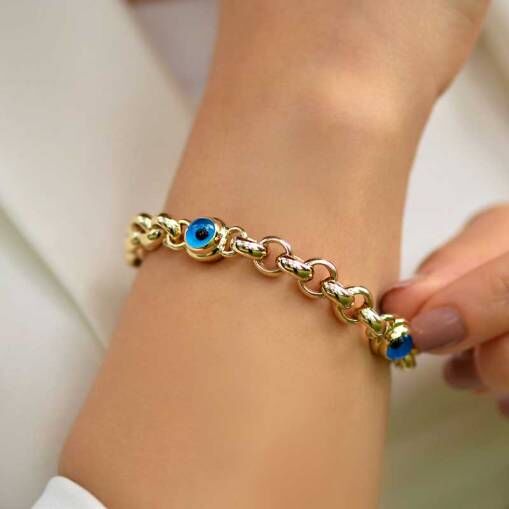 14 Ayar Üçlü Büyük Nazar Boncuk Detaylı Altın Bileklik