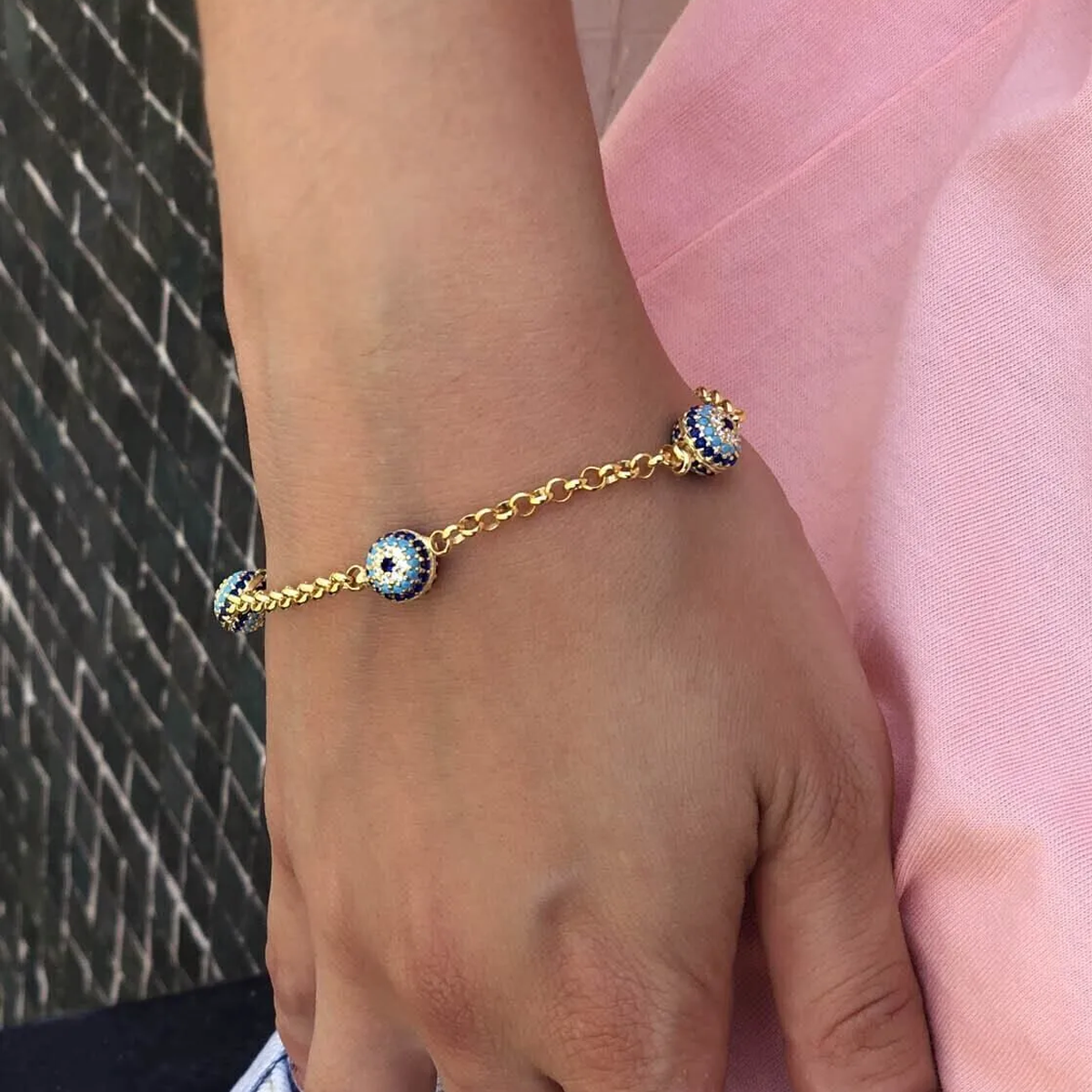 14 Ayar 3 Adet Nazar Boncuklu Renkli Taşlı Altın Bileklik