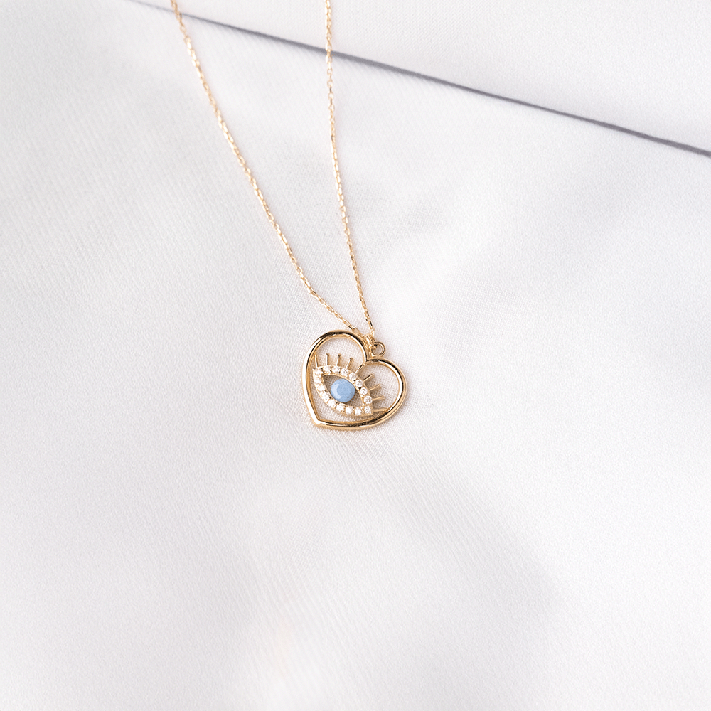 14 Ayar Kalp Çerçeveli Göz Figürlü Taşlı Altın Kolye