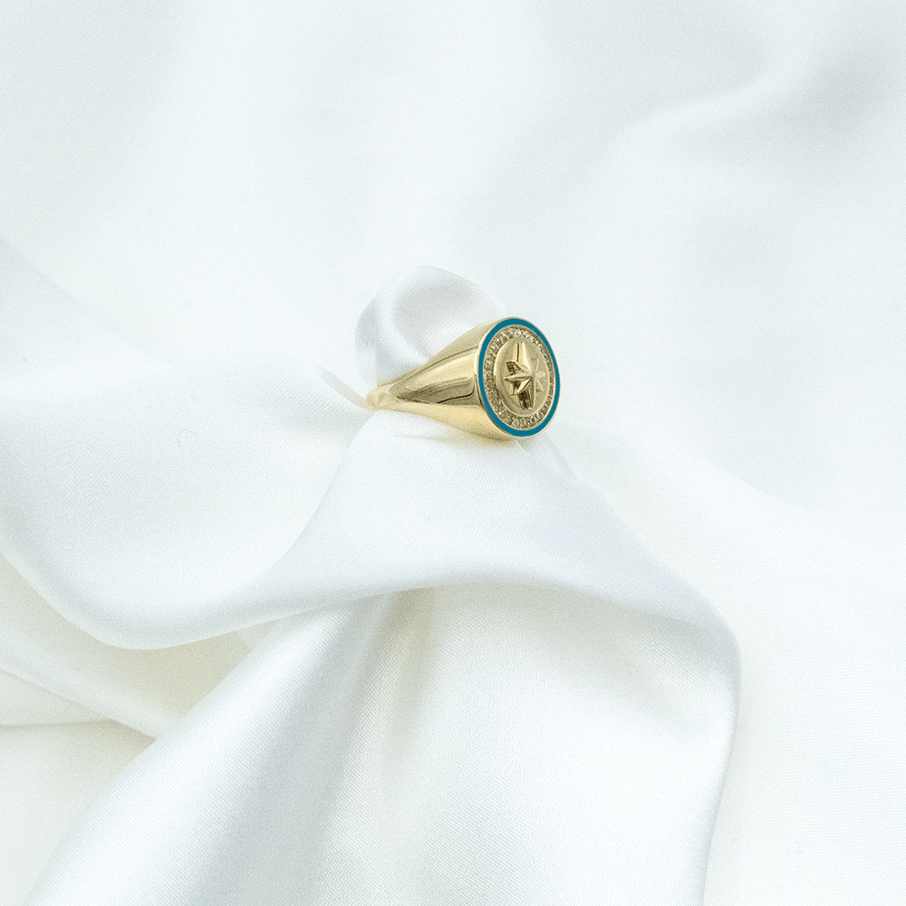 14 Ayar Kuzey Yıldızı Detaylı Taşlı Altın Yüzük