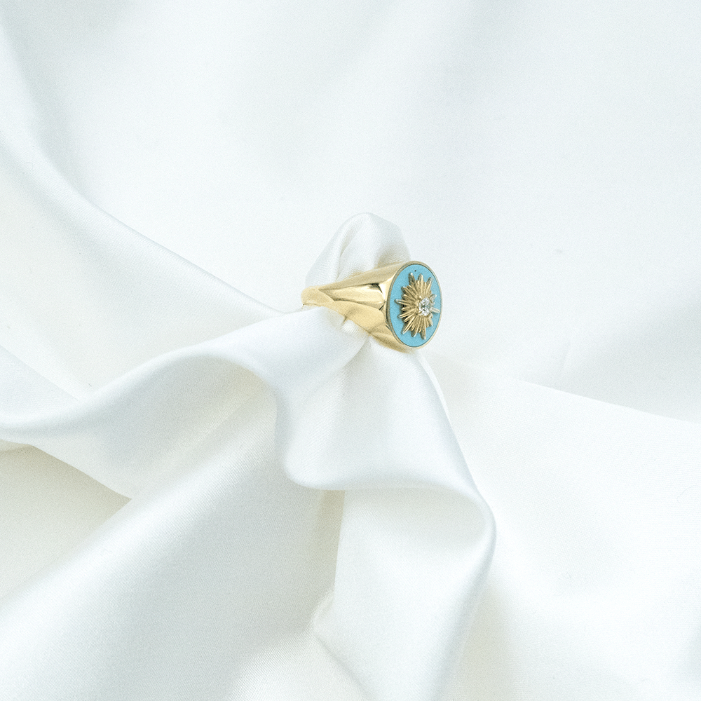 14 Ayar Beyaz Taşlı Mavi Mineli Altın Yüzük