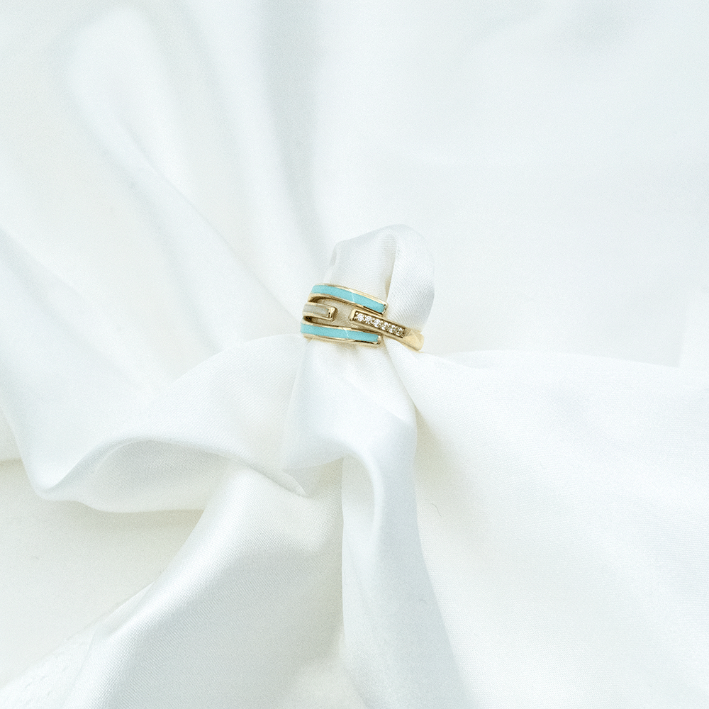 14 Ayar Mavi ve Beyaz Renk Detaylı Altın Yüzük