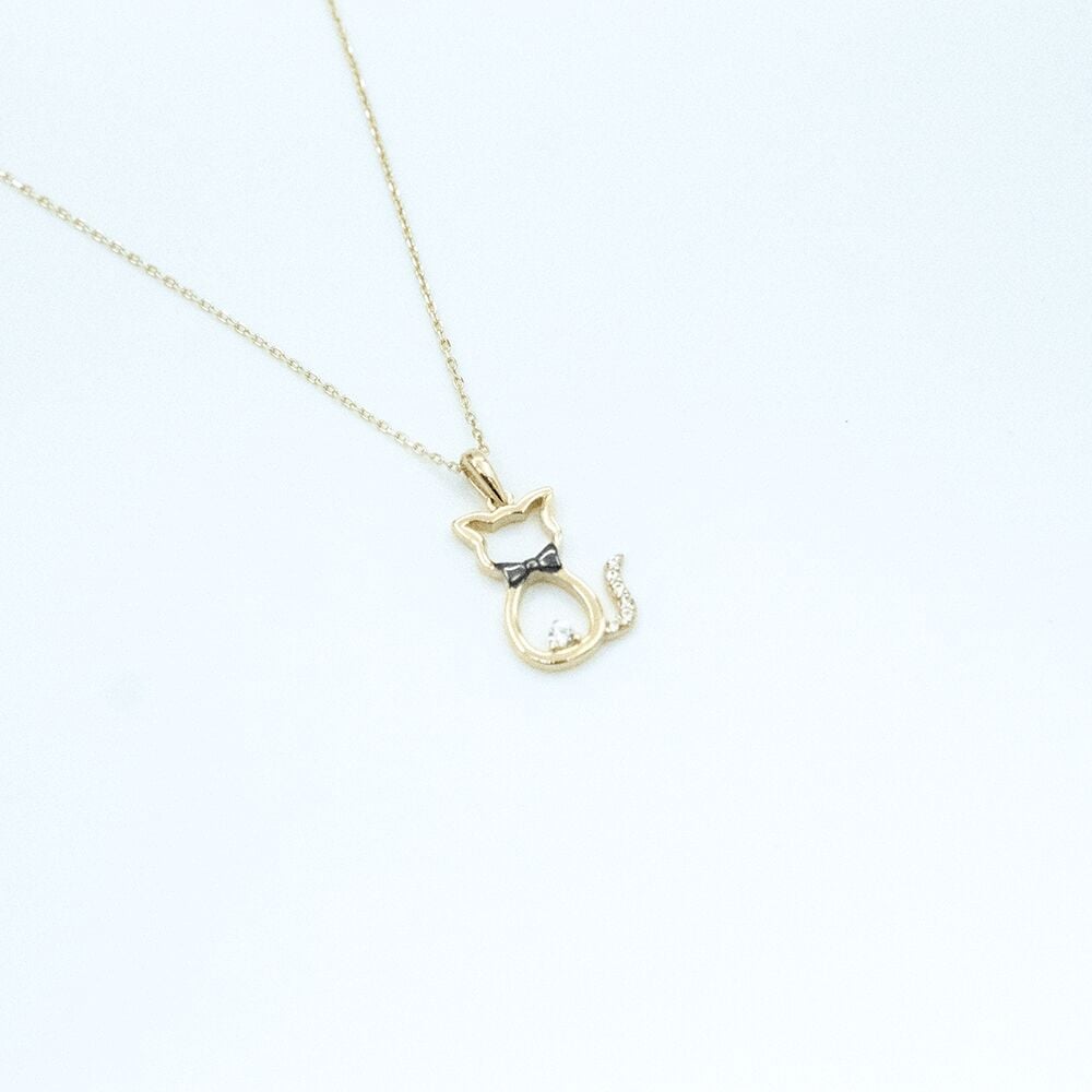 14 Ayar Siyah Papyonlu Kedi Altın Kolye