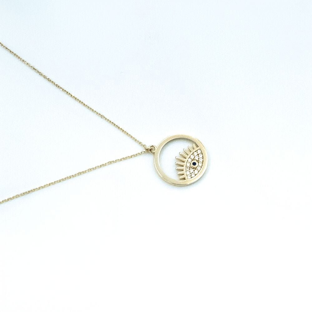 14 Ayar Çerçeveli Taşlı Göz Altın Kolye