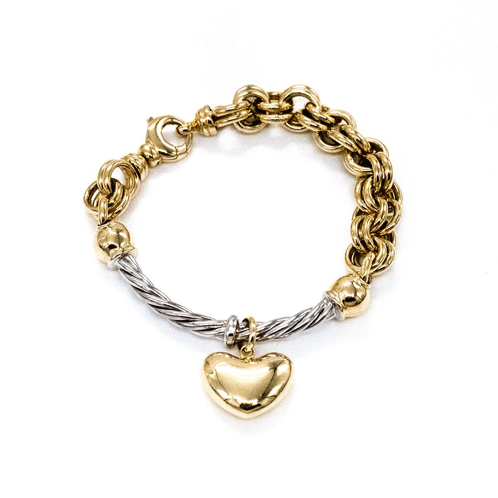 14 Ayar Kalp Charmlı Çift Doch Zincir Altın Bileklik