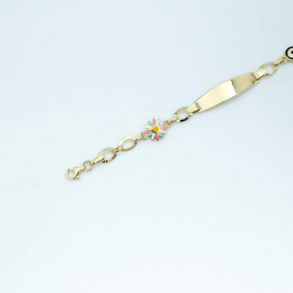 14 Ayar Çiçekli Detaylı Ataç Zincirli Altın Künye Bileklik