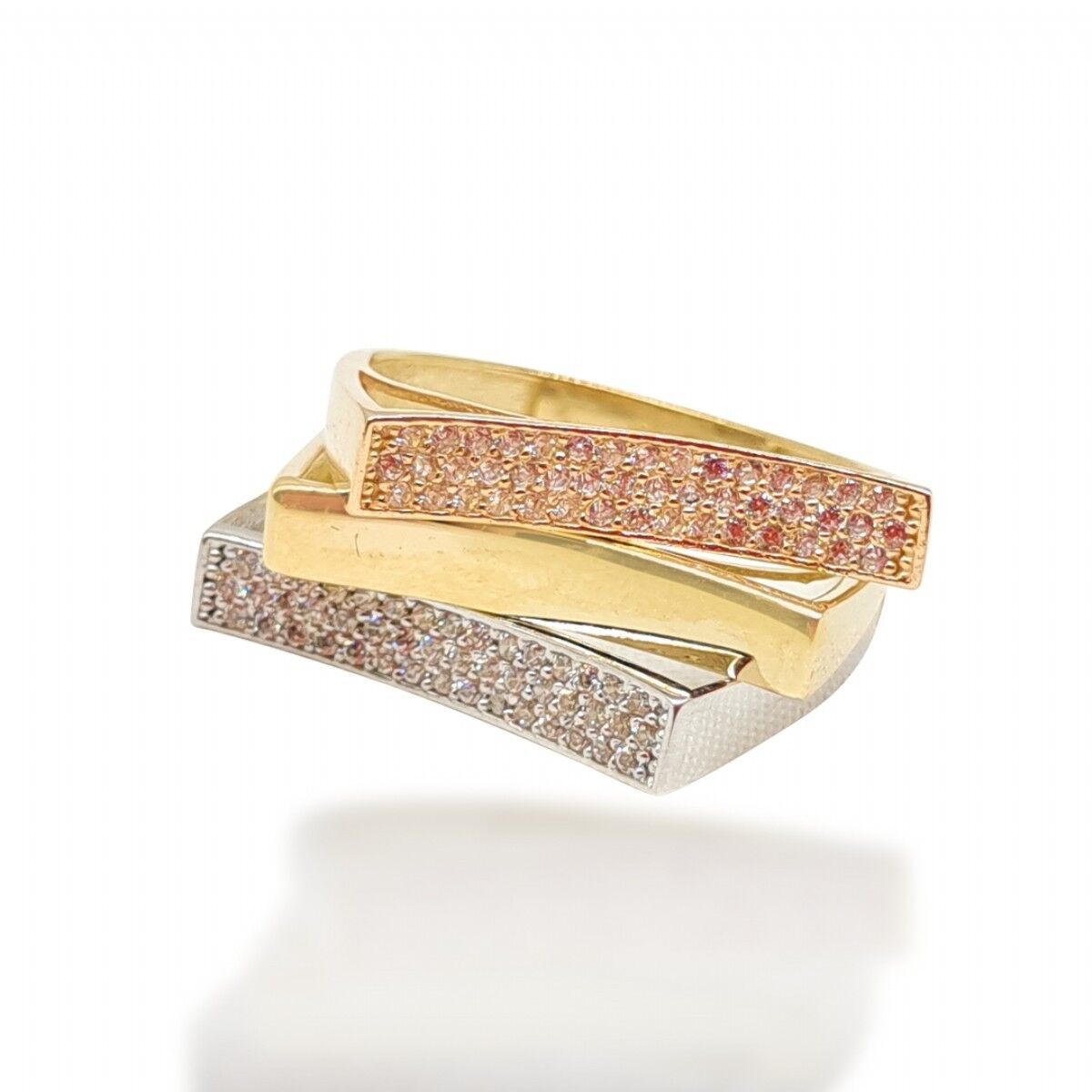 14 Ayar Üç Renk Köşeli Taşlı Trend Altın Yüzük