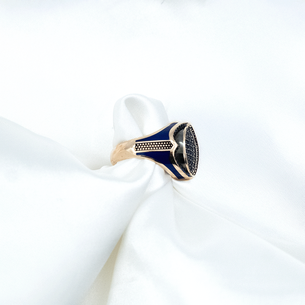 14 Ayar Mavi Taş Detaylı Erkek Altın Yüzük