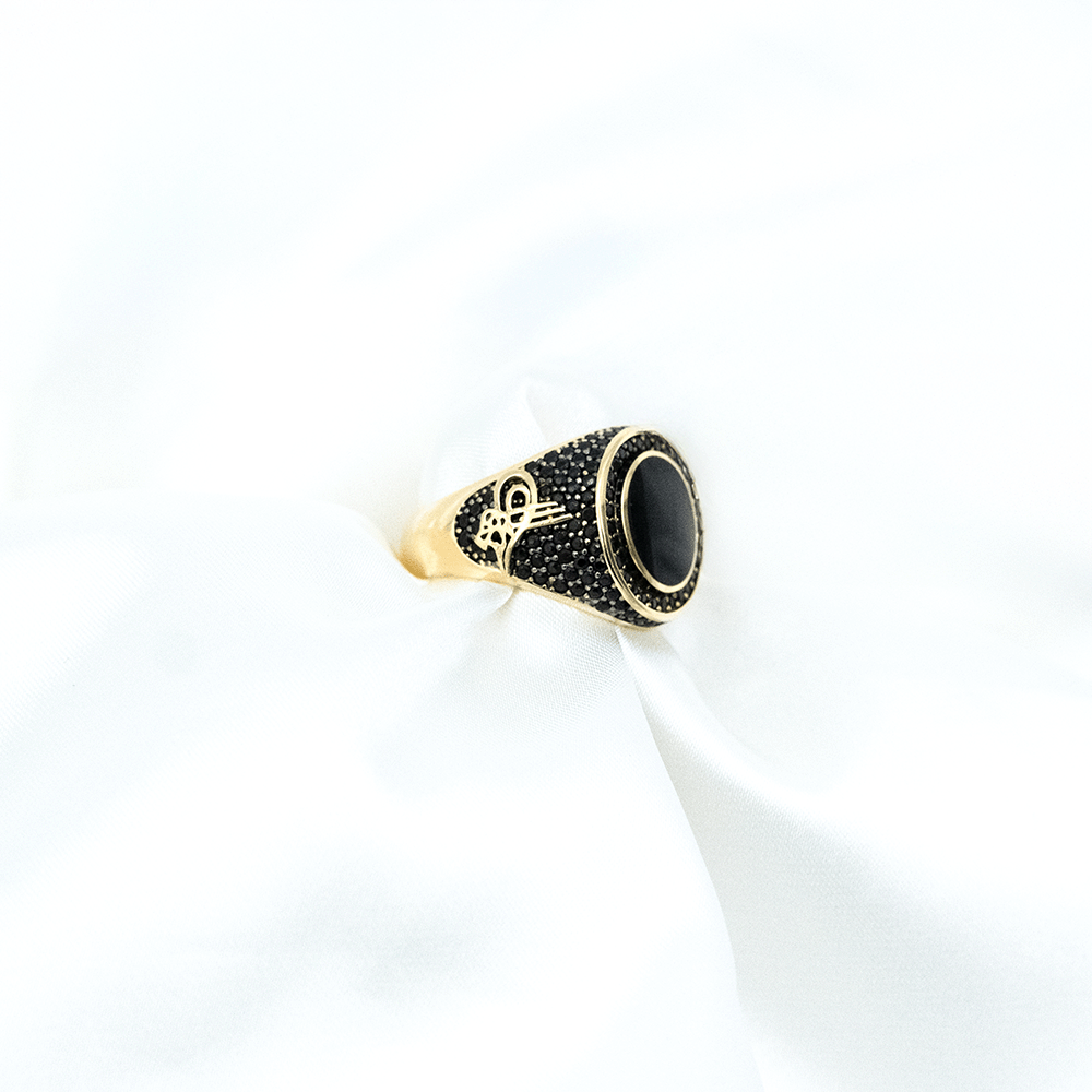 14 Ayar Siyah Taşlı Yuvarlak Erkek Altın Yüzük