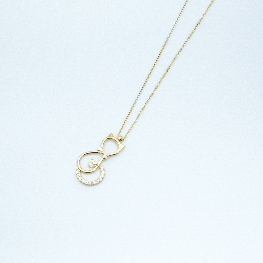 14 Ayar Taşlı Kedi Detaylı Kesim Altın Kolye