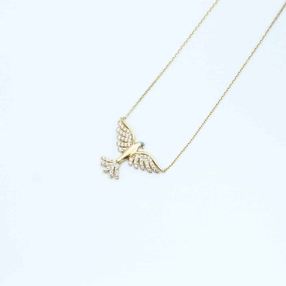 14 Ayar Taşlı Kuş Kesim Altın Kolye