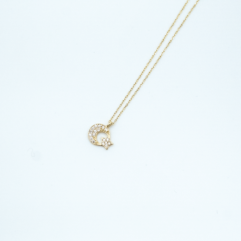 14 Ayar Taşlı Ay Yıldız Altın Kolye