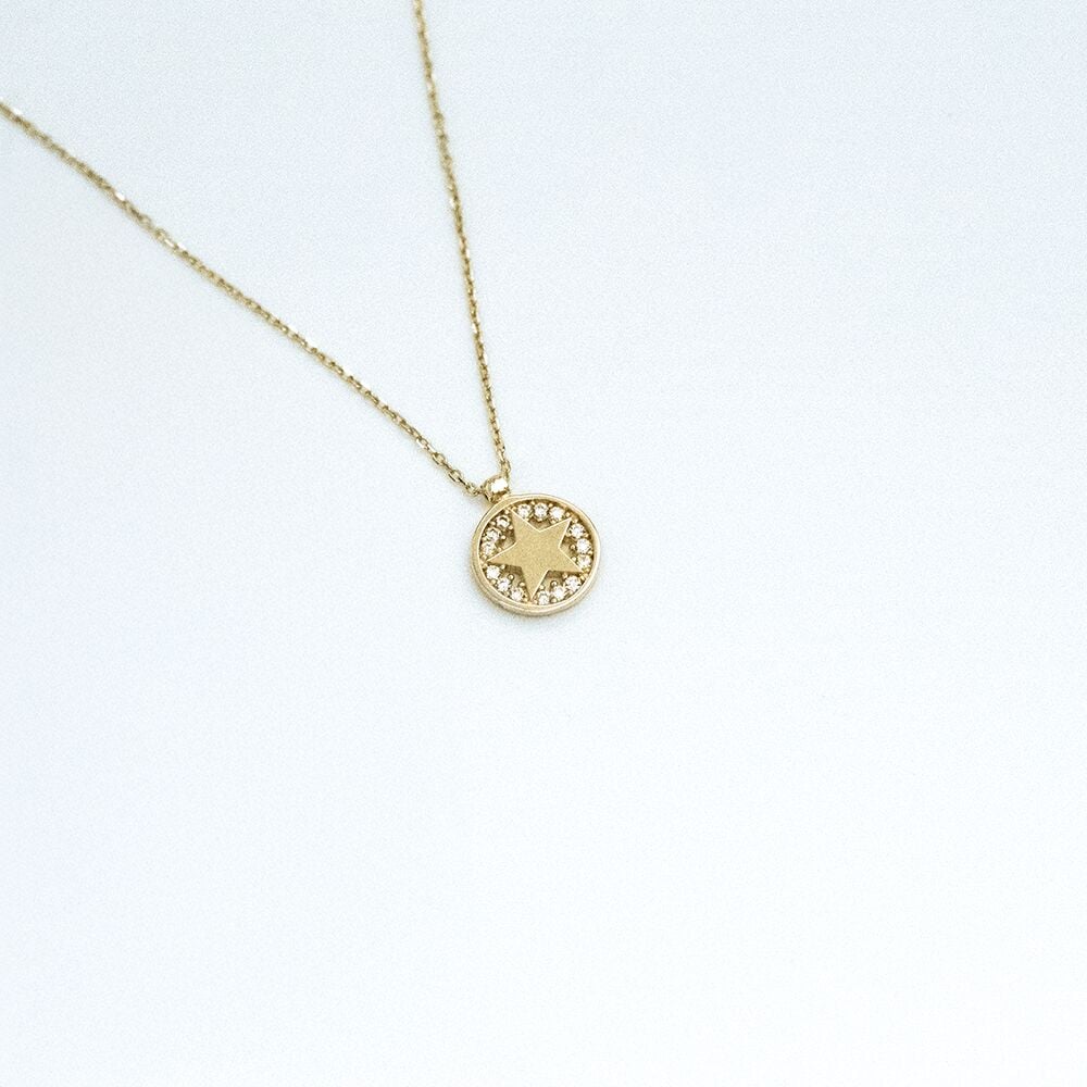 14 Ayar Yıldız Taşlı Çerçeveli Altın Kolye