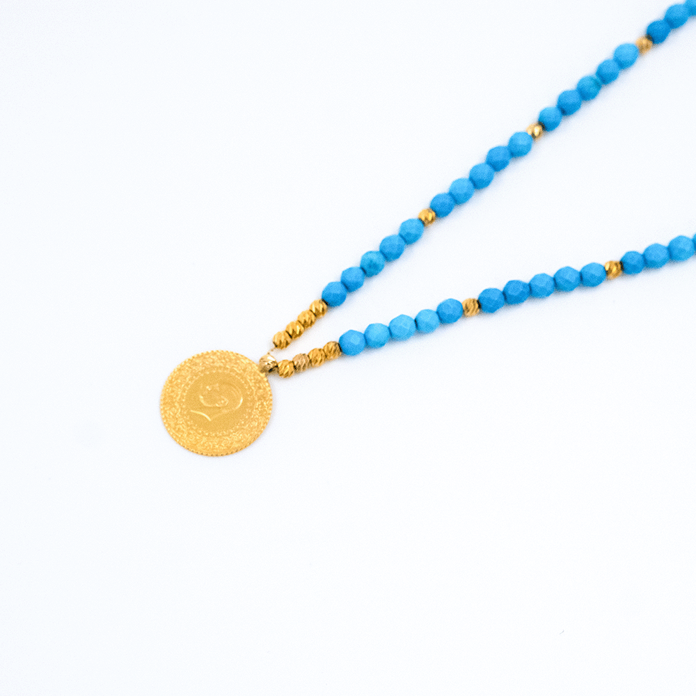 14 Ayar Mavi Top ve Ziynet Detaylı Altın Kolye