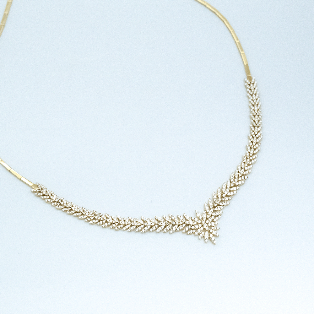 14 Ayar Taşlı Kesim Detaylı Sarı Altın Gerdanlık