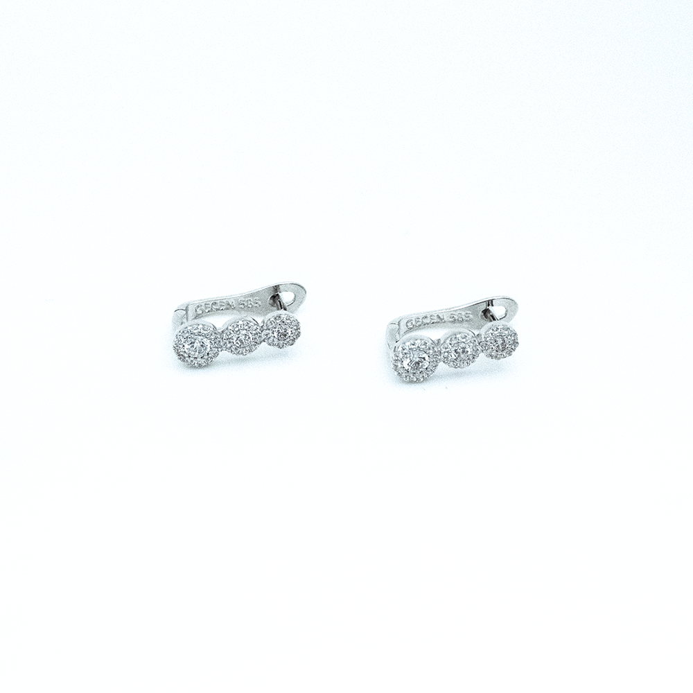 14 Ayar Yuvarlak Taşlı Detaylı Beyaz Altın Küpe