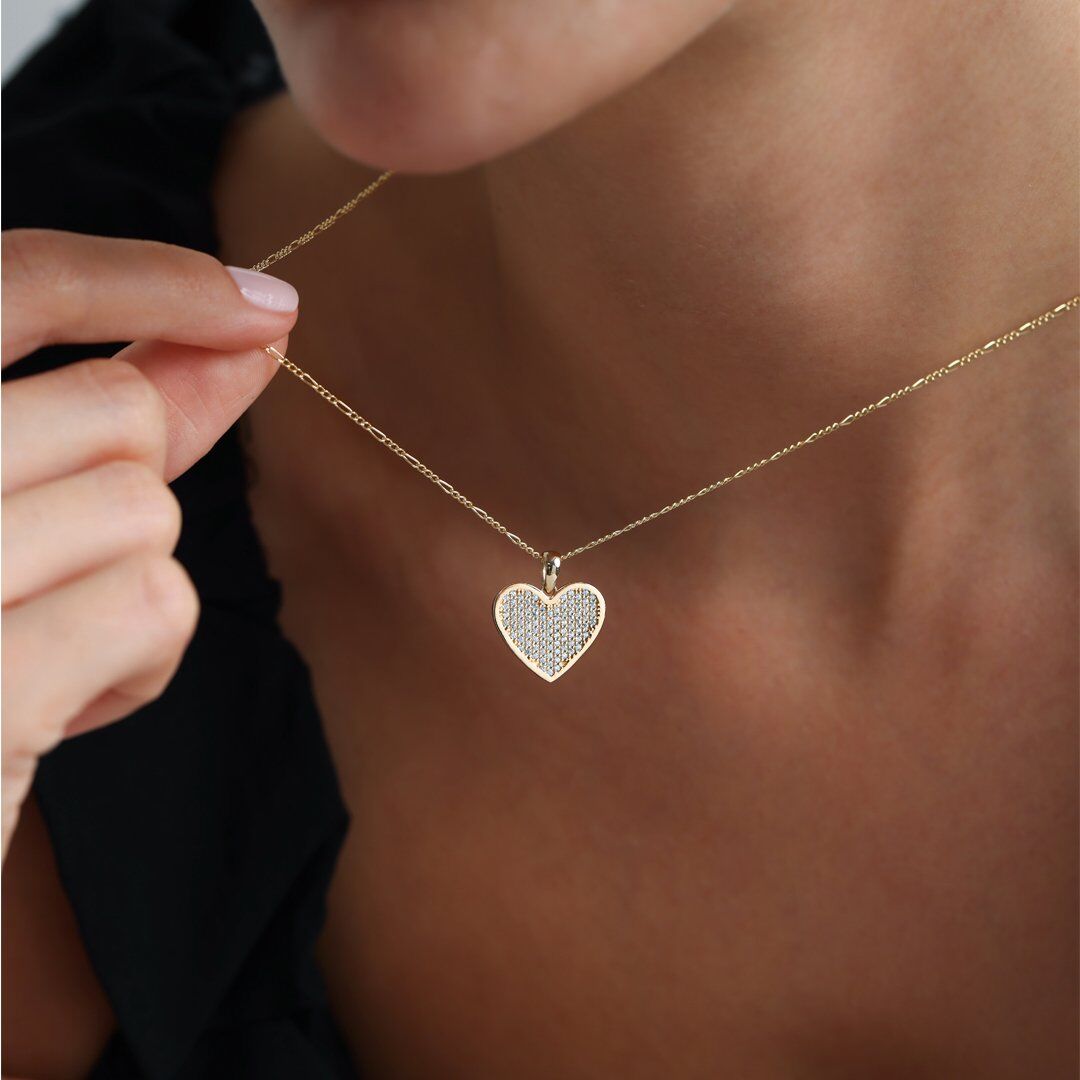 14 Ayar Taşlı Kalpli Zincir Altın Kolye