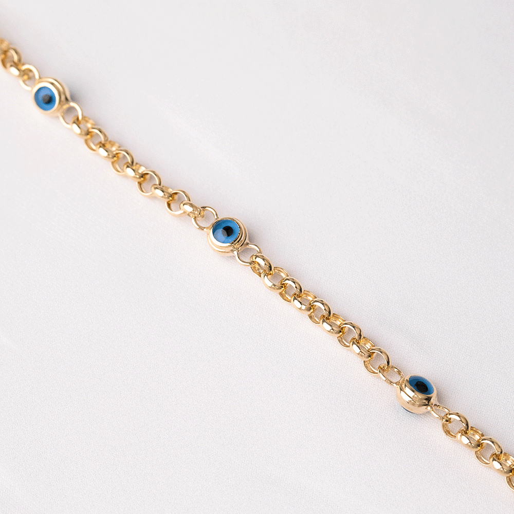 14 Ayar Nazar Boncuklu Detaylı Halka Doch Zincirli Altın Bileklik