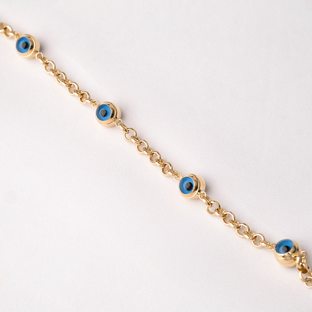 14 Ayar Nazar Boncuklu Detaylı Büyük Doch Zincirli Altın Bileklik