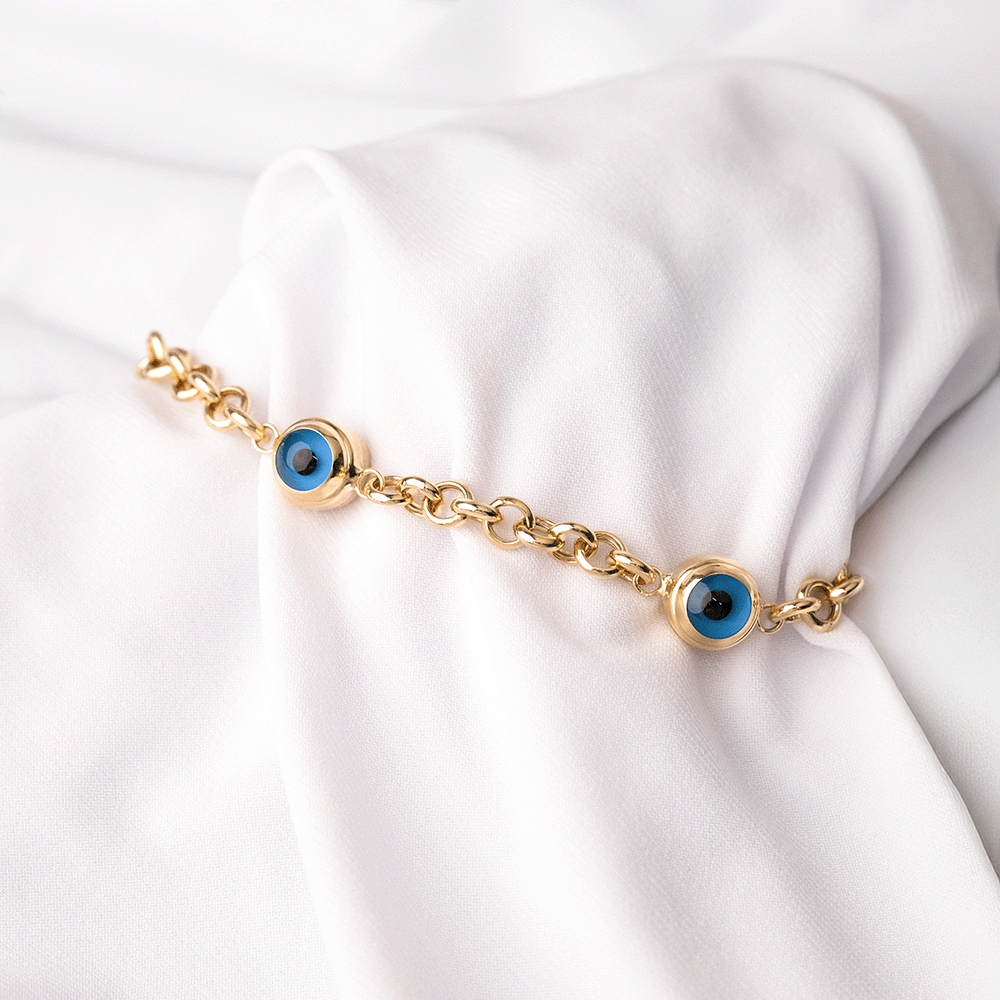 14 Ayar Nazar Boncuklu Detaylı Büyük Doch Zincirli Altın Bileklik