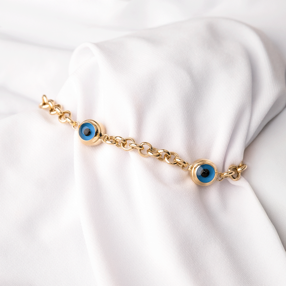 14 Ayar Nazar Boncuklu Detaylı Büyük Doch Zincirli Altın Bileklik