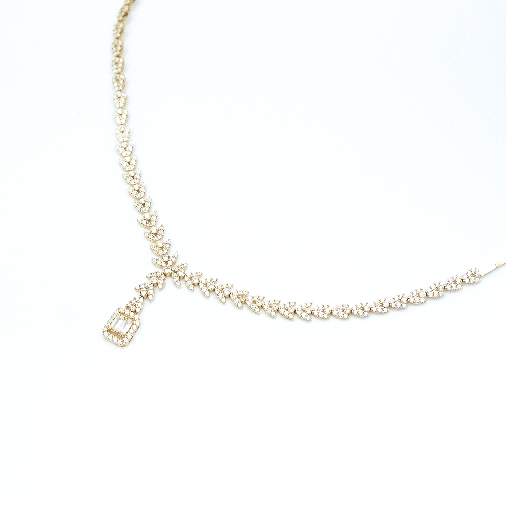 14 Ayar Taşlı Detaylı Baget Beyaz Altın Gerdanlık