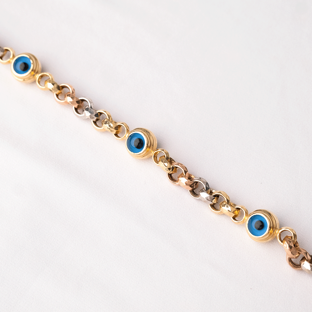 14 Ayar Nazar Boncuklu Renkli Halka Zincirli Altın Bileklik