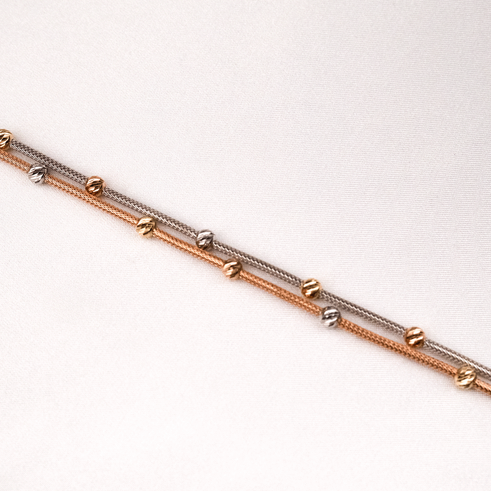 14 Ayar Renkli Çift Zincirli Dorika Detaylı Altın Bileklik