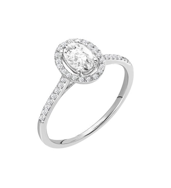 14 Ayar Oval Kesim Etrafı Taşlı Beyaz Altın Yüzük