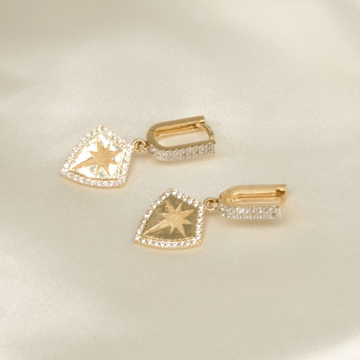 14 Ayar Beyaz Taşlı Kalkan Detaylı Altın Küpe