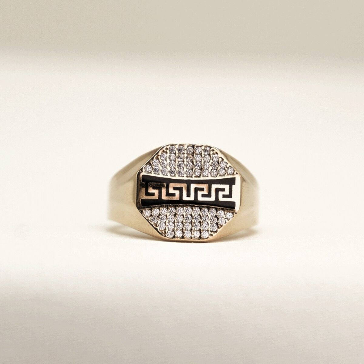 14 Ayar Siyah Mineli Beyaz Taşlı Altın Erkek Yüzük